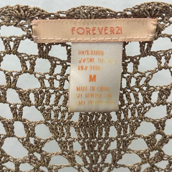 Forever 21 Boho Open Knit Crochet Tan Tunic Suede Tie Up Top - Women’s MD - Picture 4 of 5